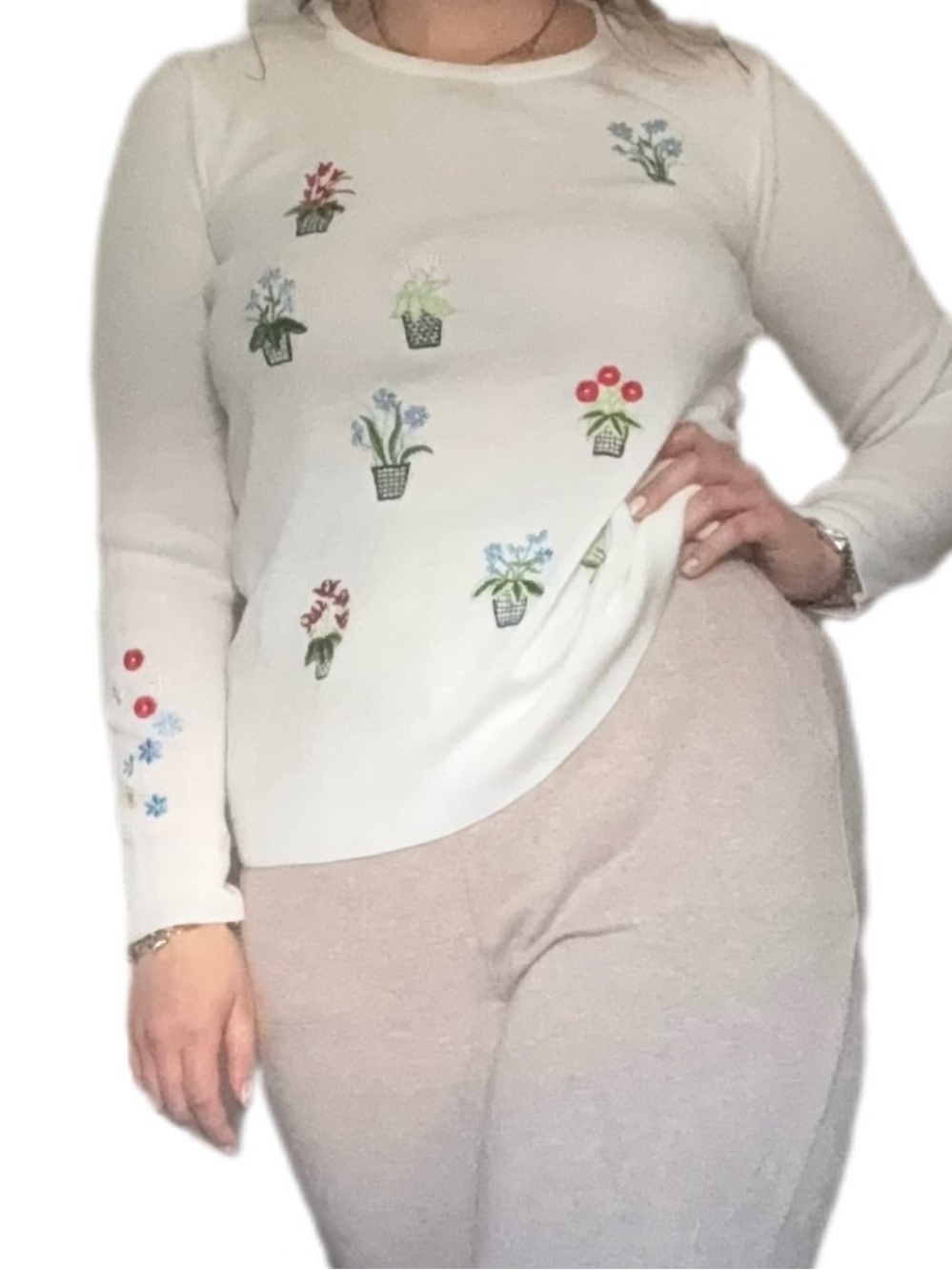 LeRoy Cream Sweater with Embroidered Flower Pots